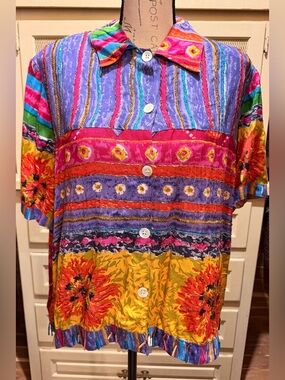 VTG 90s August Max Woman Hand Beaded Patchwork Floral Blouse